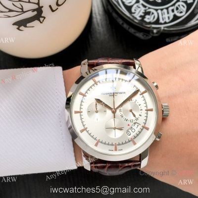 Best Copy Vacheron Constantin Chronograph Watch Silver Dial Black Leather strap