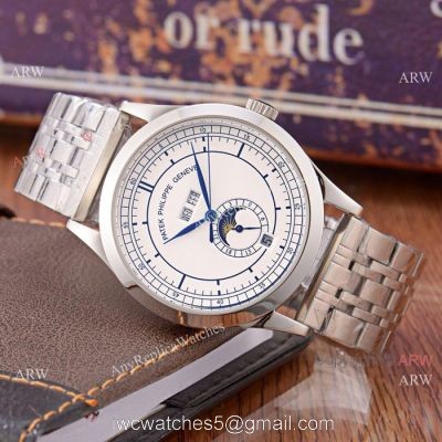 Clone Patek Philippe Perpetual Calendar Watch White Dial Stainless Steel Case