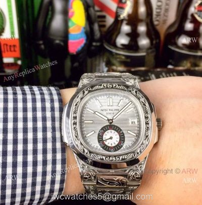 Copy Patek Philippe Engraving Nautilus Stainless Steel Watch Silver Dial