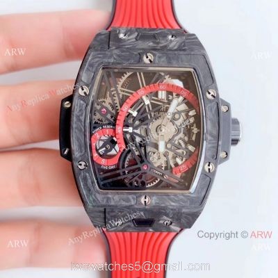 Swiss Grade Copy Hublot Spirit of Big Bang Tourbillon Carbon Watch Red Rubber Strap