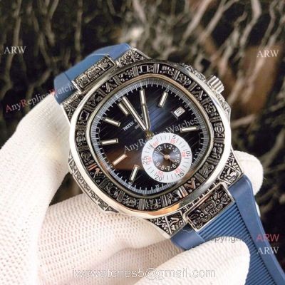 Fake Patek Philippe Engraving Nautilus Blue Rubber Strap Blue Dial