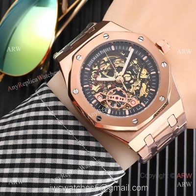 High Quality Fake AP Skeleton Royal Oak Rose Gold Black Dial Watch