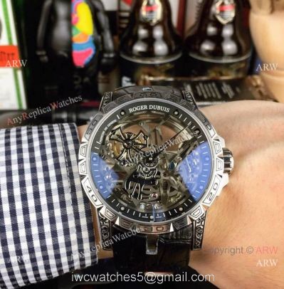 Copy Roger Dubuis Excalibur 46 Skeleton Men Watch SS Black Leather Strap