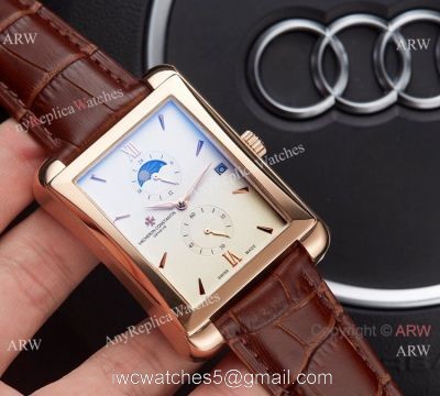 Clone Vacheron Constantin Moonphase Watch  Rose Gold Brown Leather Strap