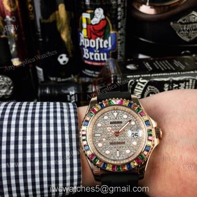 Rolex Yachtmaster Rose Gold Replica Watch Diamond Pave Dial Rainbow Bezel 116695