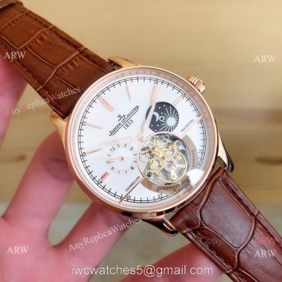 Fake Jaeger LeCoultre Master Tourbillon Moonphase Watch Black Leather Band