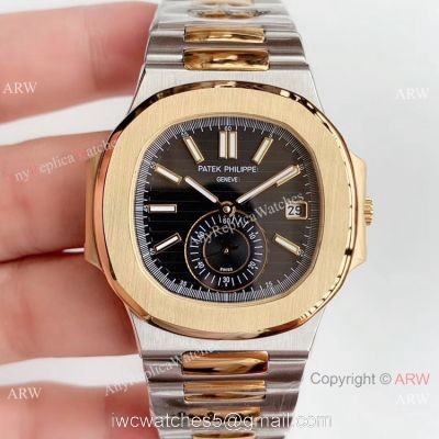 Highest Quality Copy Patek Philippe Nautilus Two Tone Black Watch  Swiss Grade 1
