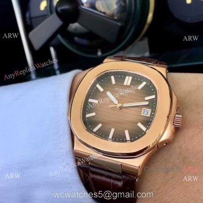 Patek Philippe Nautilus Replica Watches Rose Gold Brown Leather Strap