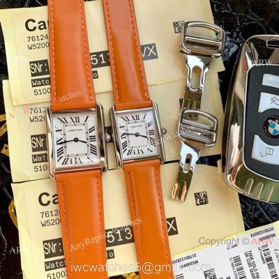 Cartier Solo Tank Quartz Watch  SS Orange Leather Band