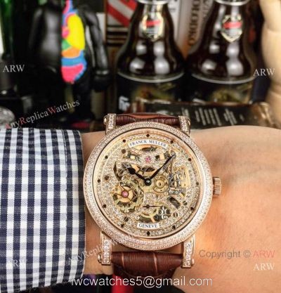 New Copy Franck Muller Round Skeleton Watch Rose Gold Brown Leather Strap