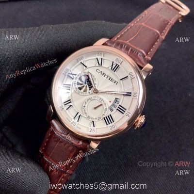 Copy Rotonde de Cartier Moonphase Watches Rose Gold Leather Strap