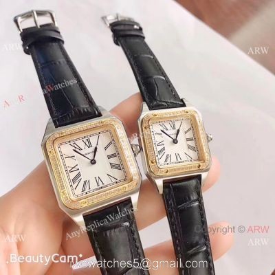 2019 New Cartier Santos Diamond Replica Watch Black Leather Strap Gold Bezel