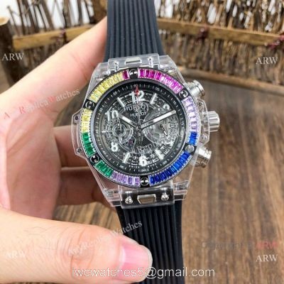 Hublot Big Bang Unico Replica Watches Rainbow Bezel Skeleton Dial Hublot Clear Watch