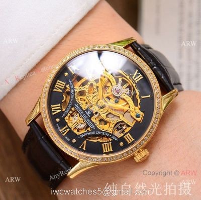 Copy Jaeger-LeCoultre Skeleton Watch Gold Case Diamond Bezel