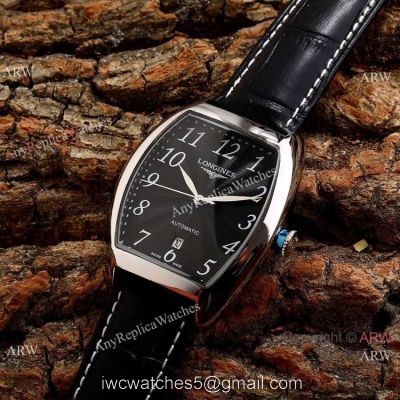 Copy Longines Evidenza Men Watches Black Dial Black Leather Strap