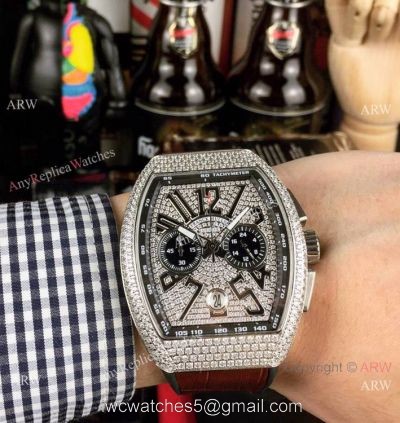 New Franck Muller Vanguard Chronograph Copy Watch SS Diamond Brown Leather Strap
