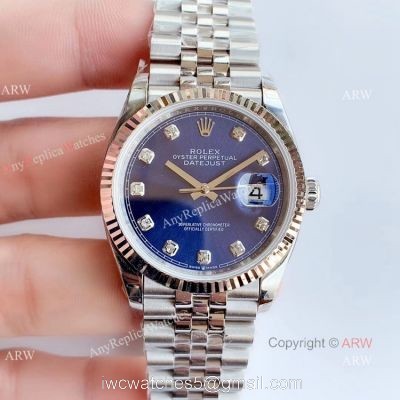 EW factory Rolex Datejust Stainless Steel Jubilee Blue Diamond Dial Watch 36mm