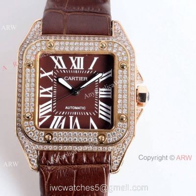 High Quality Cartier Santos De Diamond Case Brown Dial Wrist Automatic
