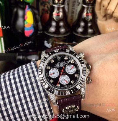 Rolex Daytona Rainbow Replica Automatic Watch Black Dial Purple Leather Strap
