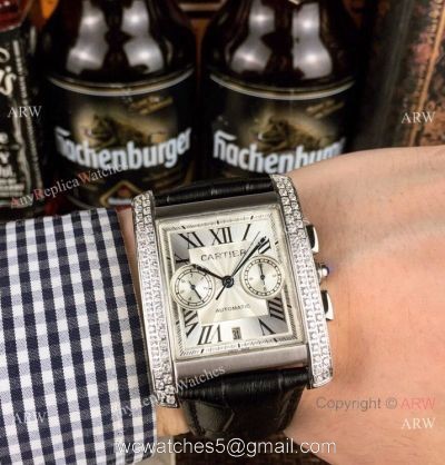 New Copy Cartier Tank Francaise watch SS Diamond Black Leather Band