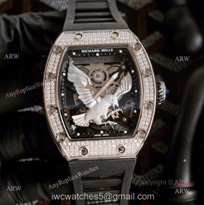 Limited Richard Mille Eagle Copy Watch With Silver Diamonds Black Rubber Band For Men