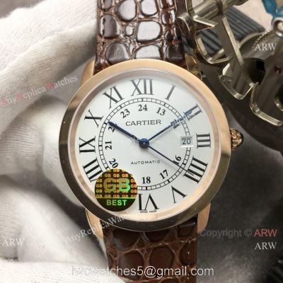 (GBF) Swiss Replica Cartier Ronde Solo De Watch Rose Gold Brown Leather Strap
