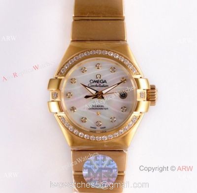 Swiss Replica Omega Constellation 27mm Watch Yellow Gold Pink MOP Dial