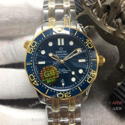 GB Factory Seamaster Diver 300M James Bond Replica Watch 2-Tone Blue Ceramic Omega 8800 Movement