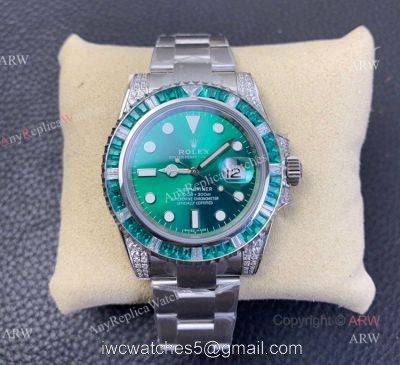 KS Factory Swiss Replica Rolex Submariner Green Dial Sapphire And Diamond Watch