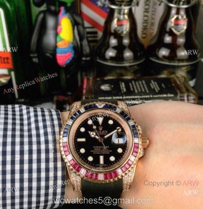 New Rolex Submariner Rose Gold Rubber Strap Watch Rainbow Bezel