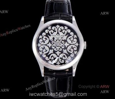 New 5088 Patek Philippe Calatrava Engraved Black Dial Replica Watches 38mm