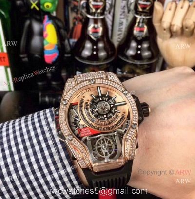 Swiss Quality Hublot Tourbillon Skeleton MP-09 Bi-Axis Watch Rose Gold Diamonds