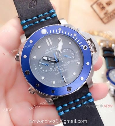 2019 New Panerai Submersible Chrono Guillaume Nery Edition Watch SS Blue Bezel