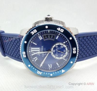 Copy Cartier Calibre De Diver SS Blue Rubber Strap Watch  Low Price