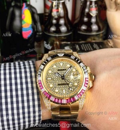 New Rolex GMT Master 2 Rainbow Bezel Yellow Gold Watch  Any Watch Replica