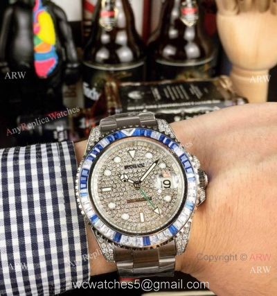 Copy Rolex GMT Master 2 Rainbow Bezel Full Diamond Dial Watch