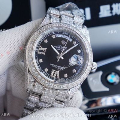 Replica Rolex Day Date II Watches Stainless Steel Iced Out Diamond Case
