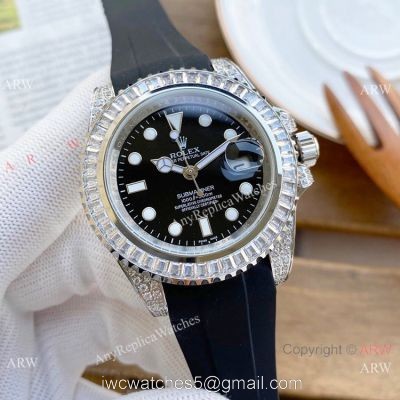 AAA Replica Rolex Submariner Diamond Watches SS Black Rubber Strap