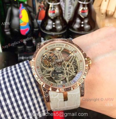 Replica Roger Dubuis Excalibur Flying Tourbillon Watch Rose Gold Tattoo Case