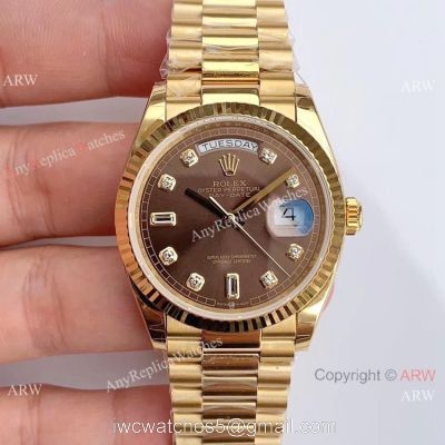 (EW Factory )Rolex Oyster Perpetual Day Date Fake Watch ETA3255 Gold President Brown Diamond Dial
