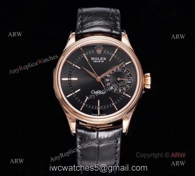 GM Factory Replica Rolex Cellini Date Black Dial Black Leather Strap Watch