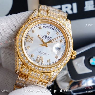 Replica Rolex Day Date II Watches Gold Iced Out Diamond Silver Dial