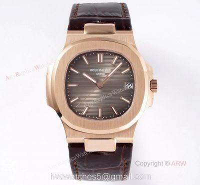 Swiss Patek Philippe Nautilus Rose Gold Grey Dial Brown Leather Strap Replica Watch