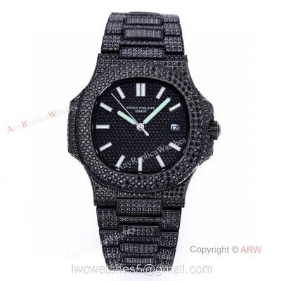 High Quality Replica Iced Out Patek Philippe Nautilus Black Diamonds Automatic Watch 40mm