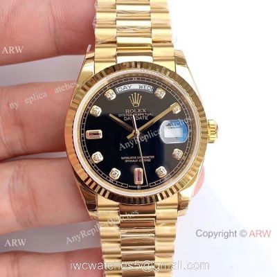 (EWF )Swiss 3255 Fake Rolex Presidential Day Date All Gold Watch Black Diamond Dial
