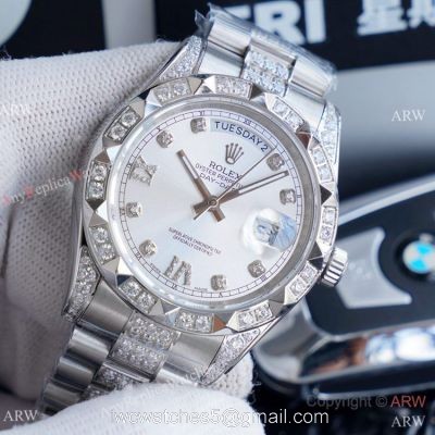 High Quality Replica Rolex Day Date II Iced Out Silver Dial Watches 41mm