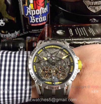Copy Roger Dubuis Excalibur Skeleton Double Flying Tourbillon Watch SS Case