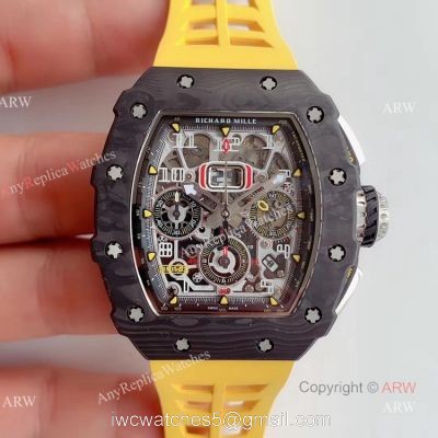 KV Factory V2 Upgraded Carbon Richard Mille RM011 Yellow Rubber Band Replica Watches For Sale