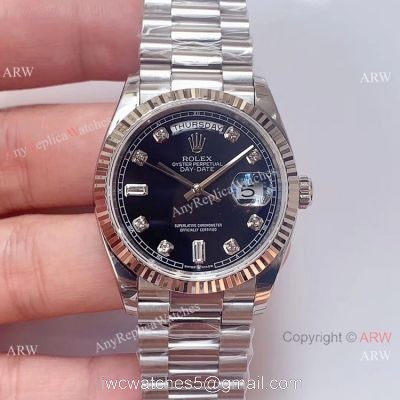 (EW)AAA Fake Rolex Presidential Day-Date Black Dial Stainless Steel Watch Swiss 3255 Movement