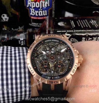 Replica Roger Dubuis Excalibur Double Flying Tourbillon Watches Black Skeleton Dial Rose Gold